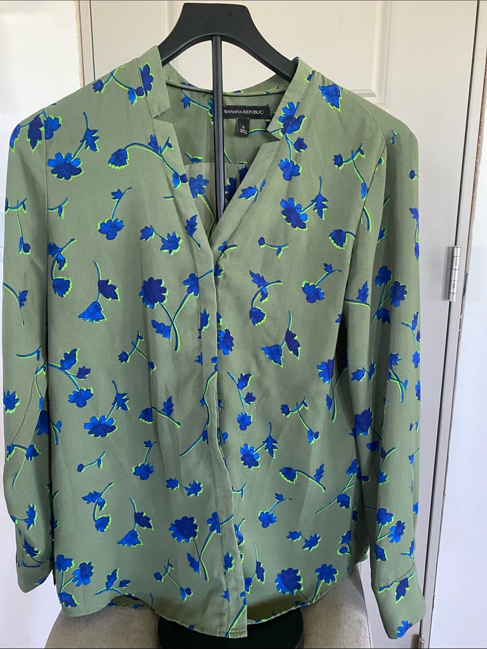 Banana Republic Olive Green Blouse with Bright Blue Floral Print